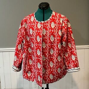 J. Jill Red Patterned Quilted Jacket with White Leaf Motif